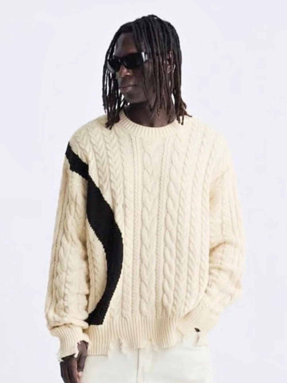 Zara Cream Cable-Knit Sweater with Black Stripes – Size Small - See PTP
